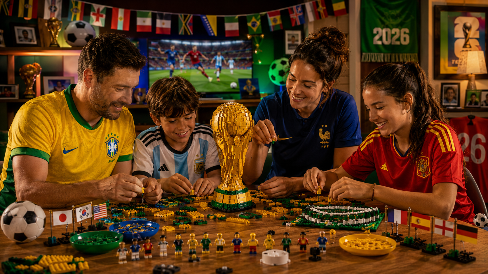 Une famille construit le LEGO Trophée de la Coupe du Monde, vêtue des maillots des nations